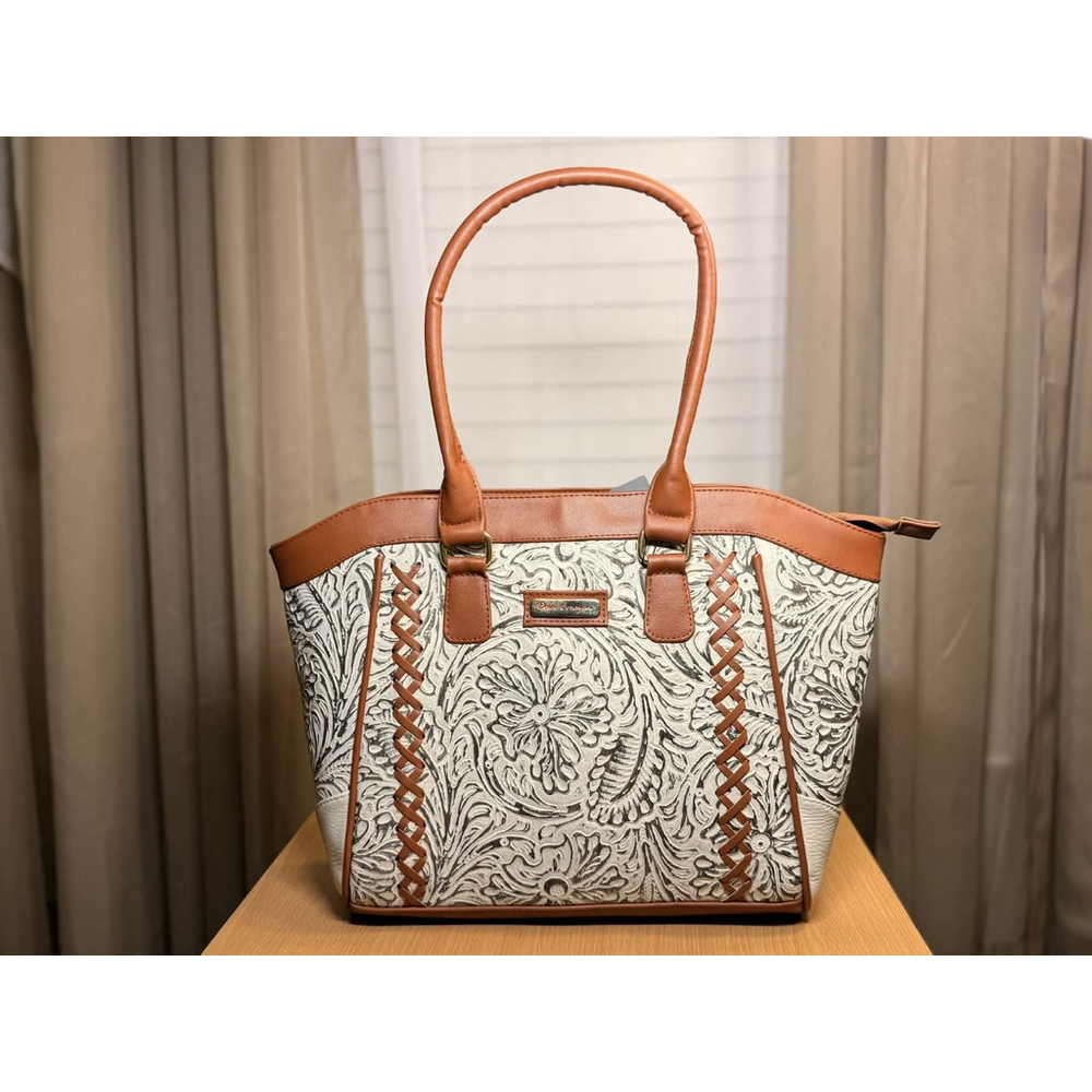 Cappuccino Brown Cross Stitch Embossed Tooled Artisan LEATHER Shoulder Bag Purse - Picture 5 of 16
